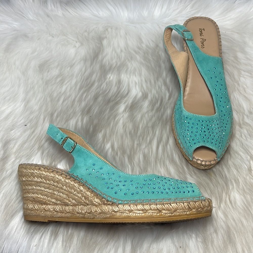 Toni Pons Turquoise Studded Wedge Peep Toe Espadrilles Sz 39/US 8‎